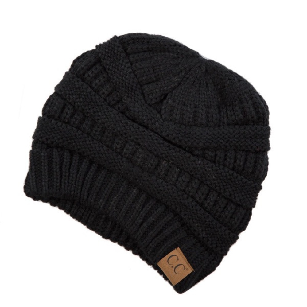 Solid Ribbed Knitted Beanie Hat Black